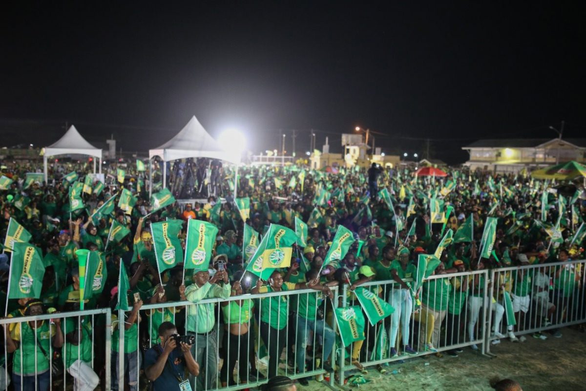 A view of the crowd at the APNU+AFC’s campaign rally held at the Leonora Track and Field Centre, on the West Coast of Demerara [Department of Public Information photo) 