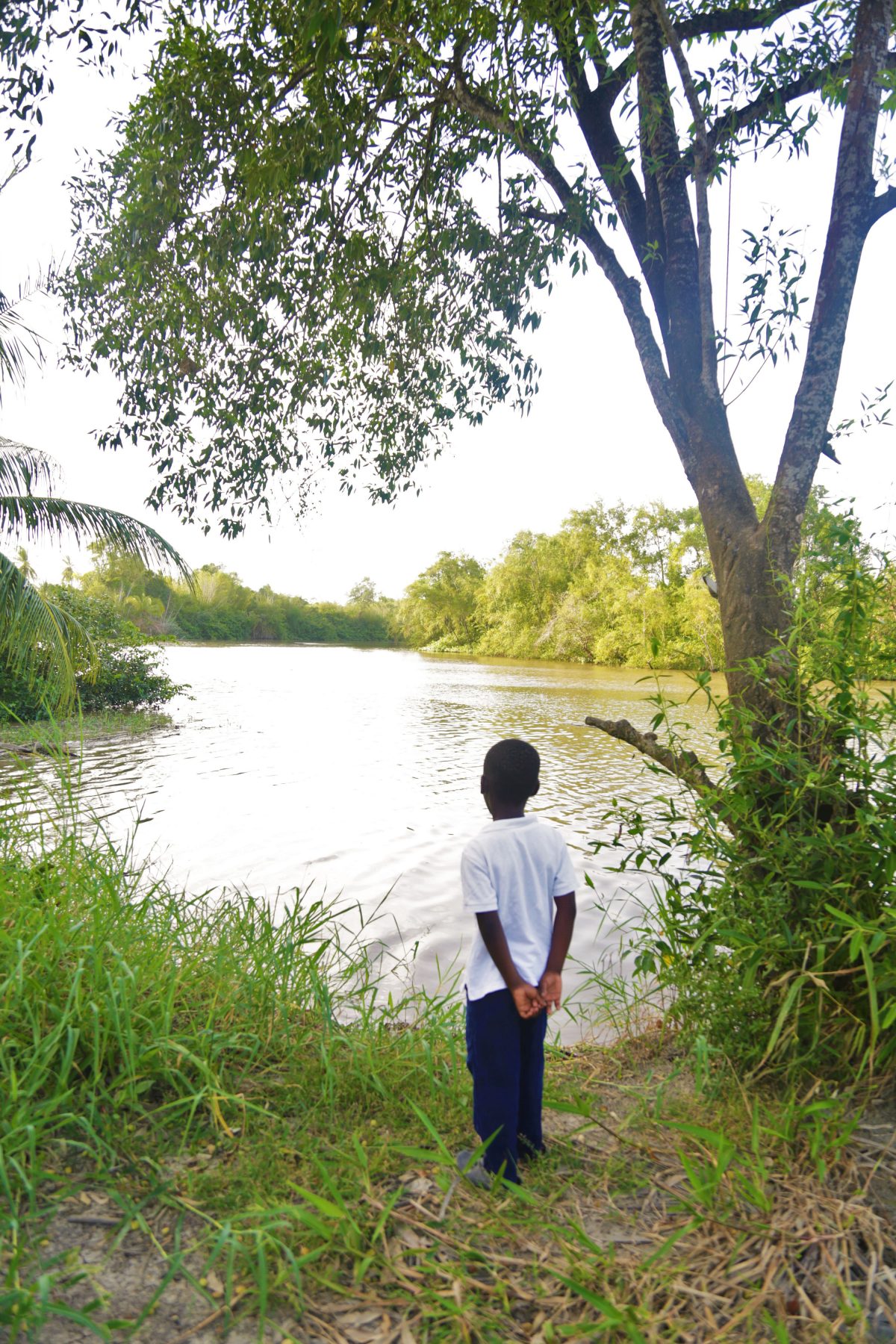  In the shade of the trees, Juliet Moriah’s grandson Samuel enjoys the view. The Canje River runs alongside Sandvoort and is only a stone’s throw away from the houses of the
residents.
