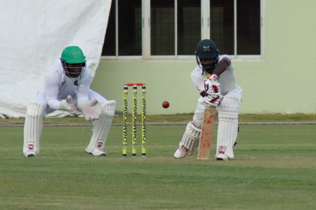Jamaica Scorpions’ Jermaine Blackwood countered the Jaguars bowlers with a gritty 81 but was beaten by Veerasammy Permaul when he was bowled. (Romario Samaroo photo)

