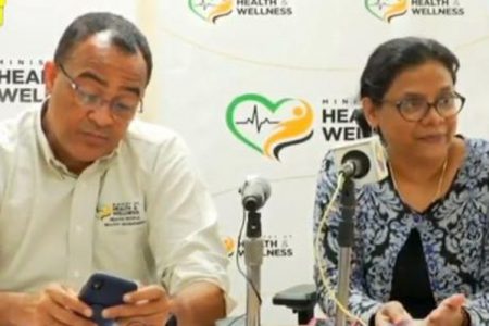 Chief Medical Officer Dr Jacquiline Bisasor McKenzie with Health Minister Dr Christopher McKenzie at a press conference Monday afternoon.