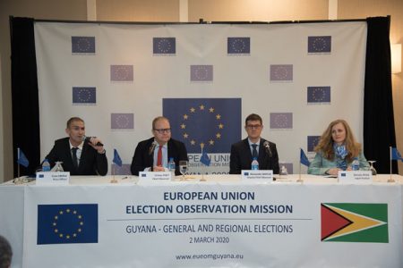 From left are EU Press Officer, Eva Eberle, EU EOM Chief Observer Urmas Paet, EU EOM Deputy Chief Observer, Alexander Matus and Legal Analyst Dorota Ryza. (Department of Public Information photo)