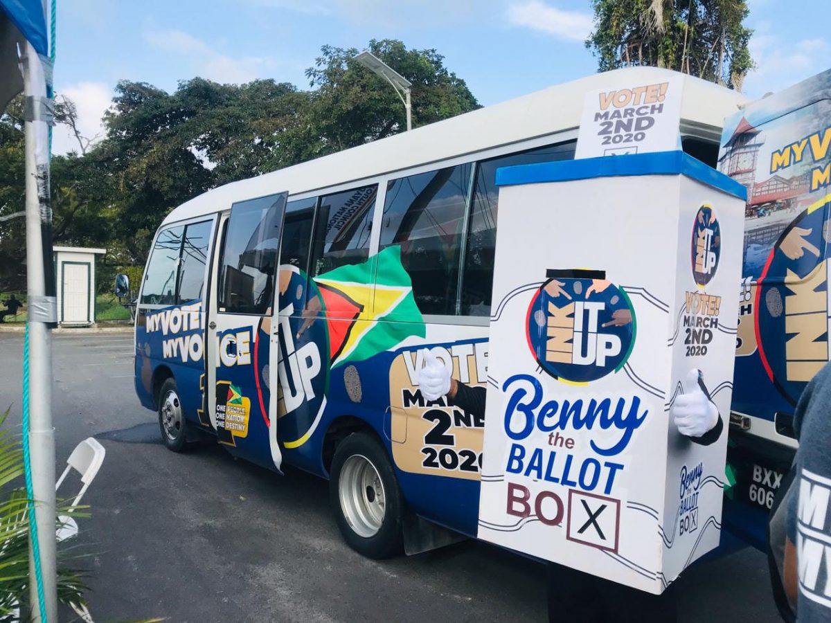 The Ink it Up Campaign Bus and the campaign mascot “Benny the Ballot Box” at the launch of the campaign yesterday at the National Park.