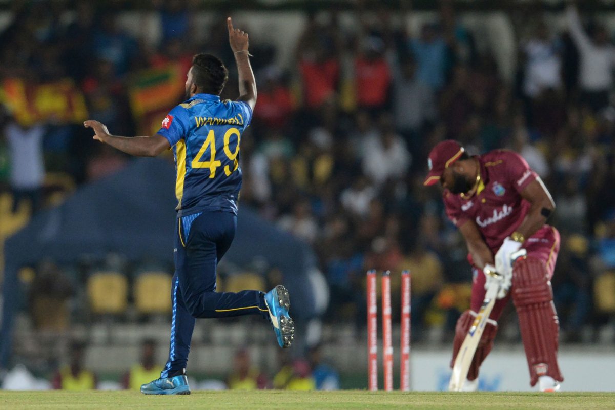 West Indies skipper Kieron Pollard is bowled all ends up by Wanindu Hasaranga as the West Indies suffered a heavy defeat in the second ODI yesterday to lose the series.
