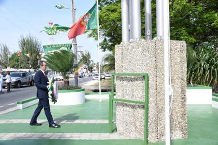 Accredited: New Ambassador of Portugal to Guyana,  Carlos Amaro lays a wreath at the Independence Arch following his accreditation ceremony yesterday. (Ministry of the Presidency photo)