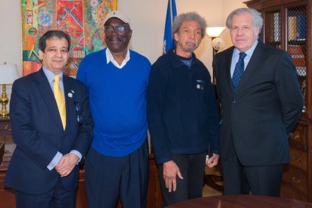 From left are Ambassador Riyad Insanally, Dudley Charles, Stanley Greaves, and OAS Secretary General Luis Almagro (Ministry of Foreign Affairs photo)