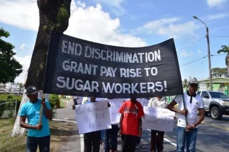 Sugar workers protesting outside the Ministry of the Presidency (GAWU photo)