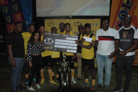 Champs at Last!-Swag Entertainment celebrates their maiden title after being crowned the Guinness ‘Greatest of the Streets’ Linden Champion in the presence of Guinness Brand Executive Lee Baptiste [right] and Banks representative Romaine Adonis [3rd from left] Pix Swag10 and  Charter10
