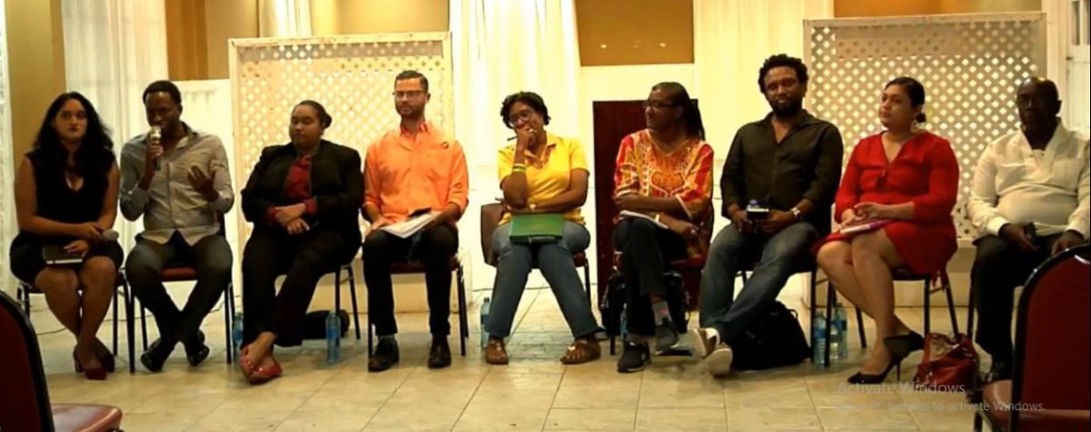From left are: Nazima Raghubir and Joel Simpson, moderators of SASOD’s LGBTQ+ Human Rights Town Hall event, with political representatives TNM’s Dr Asha Kissoon, ANUG’s Kian Jabour, APNU+AFC’s Cathy Hughes, LJP’s Yvonne Cole, TCI’s Ruel Johnson, PPP/C’s Priya Manickchand and URP’s Rawle Abrams. 