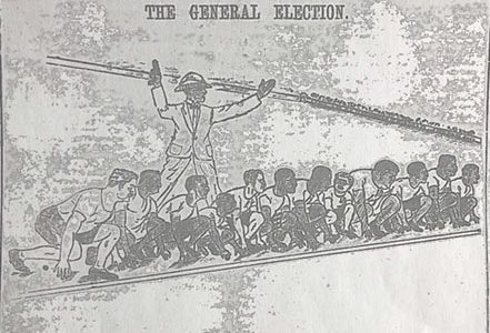 Cartoon in the Daily Argosy featuring contestants in the 1930 British Guiana elections