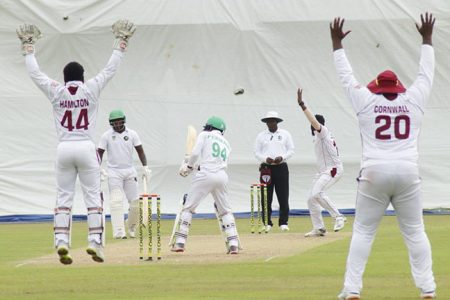 Jeremiah Louis (4-49) appeals for LBW against Veerasammy Permaul (Romario Samaroo photo)
