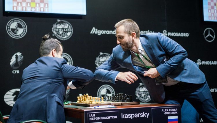 Elbow bump: The Covid-19 pandemic has altered the way we do things. This photo was taken at the 2020 FIDE Candidates Chess Tournament which is currently taking place in Russia. Grandmasters Ian Nepomniachtchi (left) and Alexander Grischuk both of Russia bump elbows replacing the mandatory handshake before and after a chess game. The Candidates Tournament will identify a player to challenge world champion Magnus Carlsen for the title. (Photo: Lennart Ootes/FIDE) 