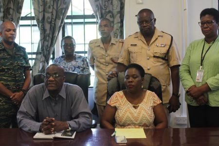 From left (standing) are Colonel Eon Murray, Regional Health Officer Dr Pansy Armstrong, Station Officer for the Linden Fire Department Courtney Springer, Regional Police Commander Hugh Winter and Deputy Regional Executive Officer Maylene Stephen. Seated are Regional Chairman Renis Morian and Linden Mayor Waneka Arrindell.