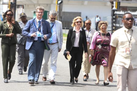The envoys of the UK, the US, EU and Canada leaving the Guyana Elections Commission Command Center yesterday after saying they did not witness a transparent process  