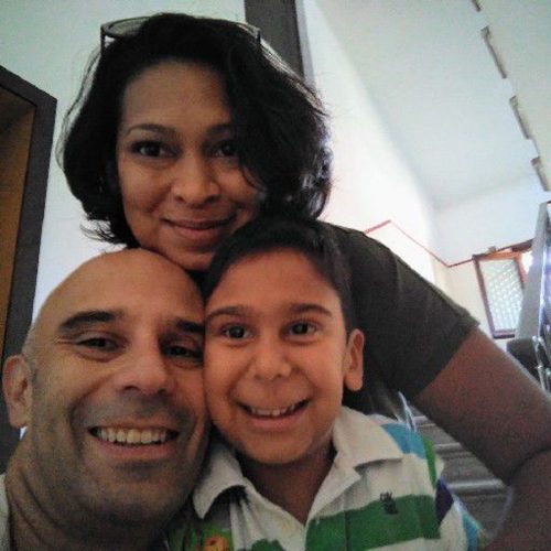 CONFINED: Trinidadian Bonnie Khan with her husband Diego Cattaneo and son Arrigo at their home in Venice, Italy.