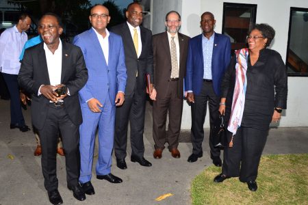 From left are Grenadian Prime Minister Dr Keith Mitchell, Opposition Leader Bharrat Jagdeo, Dominican Prime Minister Roosevelt Skerrit, CARICOM Secretary General Irwin La Rocque, Trinidadian Prime Minister Dr Keith Rowley and CARICOM Chair and Barbadian Prime Minister Mia Mottley. 
