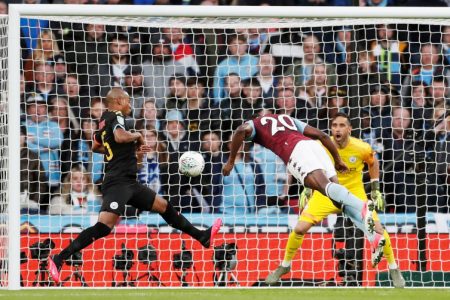 HEADING HOME! Aston Villa’s Mbwana scores their first goal. (Reuters) 