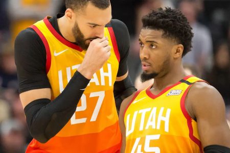 Uta Jazz players Rudy Gobert and Donovan Mitchell, right, have both tested positive for the coronavirus.