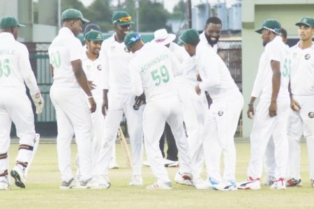 Guyana Jaguars celebrate the wicket of Kraigg Brathwaite. (Romario Samaroo photo)