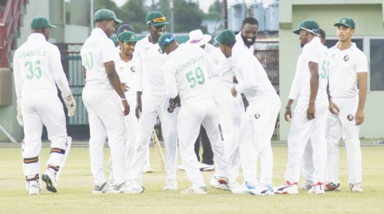 Guyana Jaguars celebrate the wicket of Kraigg Brathwaite. (Romario Samaroo photo)