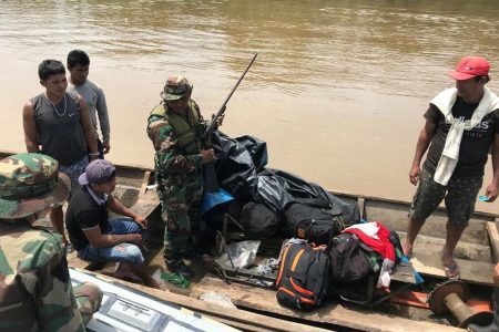 Peruvian anti-narcotics police officers check suspects during an operation at Amazon river in Caballococha, Peru October 30, 2019. Picture taken October 30, 2019. REUTERS/Gabriel Stargardter
