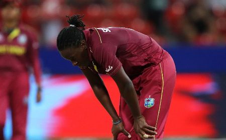 Fast bowler Shakera Selman reacts in frustration during yesterday’s Women’s Twenty20 World Cup match against England.
