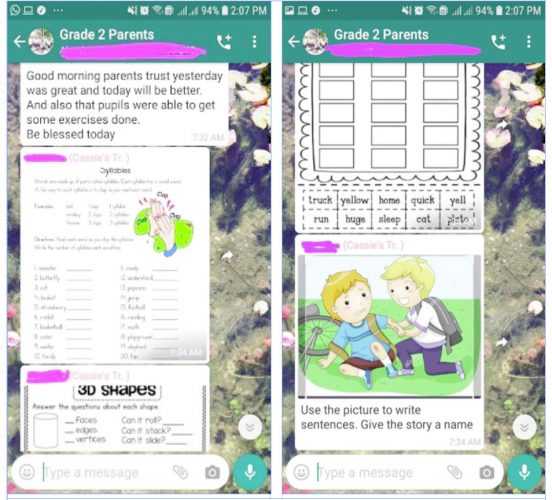Screenshots of school lessons being shared on WhatsApp by a class teacher of the Georgetown SDA Academy that was shared by a parent on her Facebook page 
