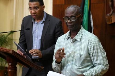 Prime Minister Andrew Holness and Local Government Minister Desmond McKenzie at a COVID-19 press conference at the Office of the Prime Minister - Ricardo Makyn photo
