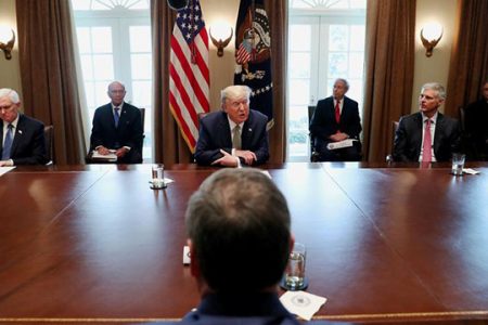 U.S. President Donald Trump speaks during a meeting on the coronavirus (COVID-19) response with tourism industry executives in the Cabinet Rooom of the White House in Washington, U.S., March 17, 2020. REUTERS/Leah Millis
