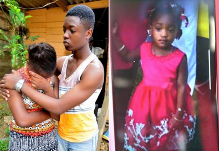 Left: Theodore Cox tries to console his sister, Tanae Cox, yesterday as she grapples with the tragic death of their two-year-old sister, Mikayla (right), in Gayle, St Mary.