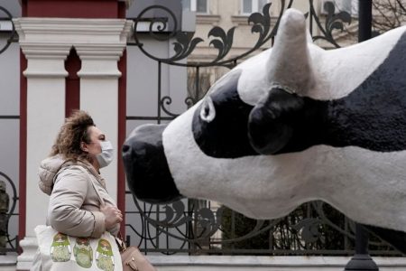 A woman walks past an installation depicting a cow in Moscow
