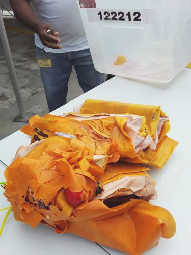 The damaged ballot box from Polling Station 122212- Karaiko Primary School where 174 electors were registered to vote.
