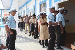 Members of the Guyana Police Force line up to cast their ballots on February 21. A total of 8,369 of the 10,226 ranks from the Guyana Defence Force (GDF), the Guyana Police Force and the Guyana Prison Service who were eligible to vote cast a ballot on that day.