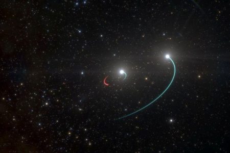 An artist’s impression depicts the orbits of the two stars and the black hole in the HR 6819 triple system, made up of an inner binary with one star (orbit in blue) and a newly discovered black hole (orbit in red), as well as a third star in a wider orbit (also in blue), in this image released on May 6, 2020. (ESO/L. Calcada/Handout via REUTERS)