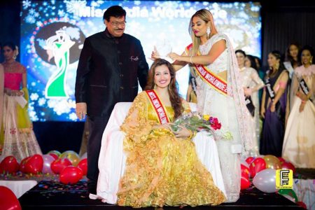 Shree Saini being crowned Miss India Worldwide back in 2018 by outgoing queen, Madhu Valli in New Jersey where the pageant was held