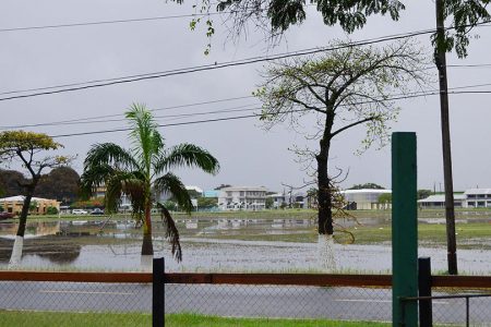 The University of Guyana compound flooded after heavy rainfall on Wednesday (Orlando Charles Photo)
