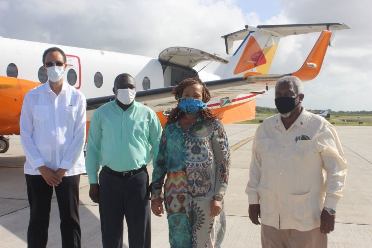 The three-member CARICOM team for the vote recount was met at the Eugene F. Correia Airport on Friday by Assistant Secretary-General for Foreign and Community Relations, Ambassador Colin Granderson (at left). The team comprises (from left to right) Sylvester King, Deputy Supervisor of Elections of St. Vincent and the Grenadines, Cynthia Barrow-Giles, Senior Lecturer in the Department of Government at the University of the West Indies (UWI) and John Jarvis, Commissioner of the Antigua and Barbuda Electoral Commission. (CARICOM photo)