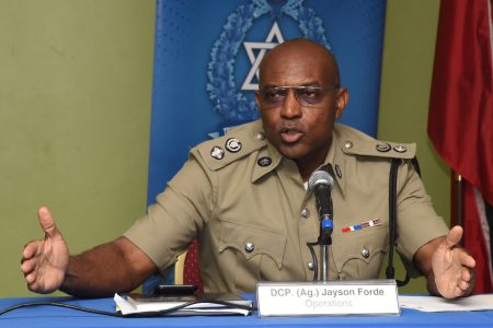 DCP Jayson Forde addresses the media during yesterday’s TTPS briefing at the Police Administration Building