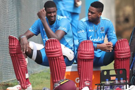 West Indies test skipper Jason Holder, seen above with Guyana’s Shimron Hetmyer and a number of other Barbadian players have commenced training in preparation for the upcoming tour of England, the Cricket West Indies website reported yesterday.
