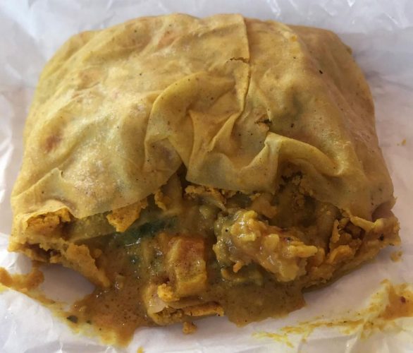 A wrapped lobster roti at the famous Roti Cafe in Santa Cruz. 