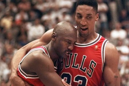 Scottie Pippen and Michael Jordan  during their Chicago Bulls era.
