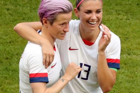 Megan Rapinoe of the U.S. celebrates winning the Women’s World Cup with Alex Morgan REUTERS/Lucy Nicholson
