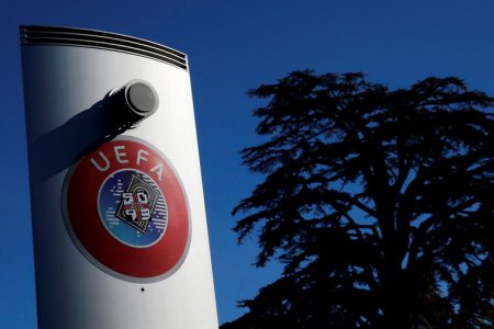 A logo is pictured outside the UEFA in Nyon, Switzerland, February 28, 2020. Picture taken February 28, 2020. REUTERS/Denis Balibouse/File Photo
