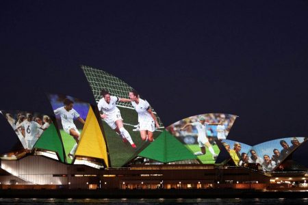 The Sydney Opera House lighted up yesterday in celebration of Australia and New Zealand’s joint bid to host the FIFA Women’s World Cup 2023. (REUTERS/Loren Elliott)
