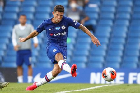 Chelsea’s Christian Pulisic scored their first goal, as play resumed behind closed doors following the outbreak of the coronavirus disease (COVID-19). (Julian Finney/Pool via REUTERS)

