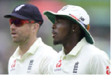 James Anderson (left) with teammate Jofra Archer who was the subject of racial slurs during England’s Test against New Zealand last November. 