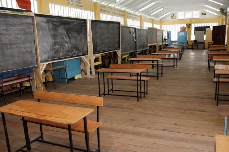Furniture set up with enough space for students to maintain social distancing at the auditorium in St Margaret’s Primary school (Ministry of Education Photo)
