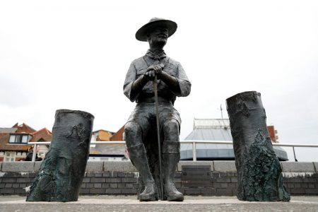 A statue of Robert Baden-Powell is seen in Poole, the statue is due to be removed following protests against the death of George Floyd who died in police custody in Minneapolis, Poole, Britain, June 10, 2020. REUTERS/Matthew Childs