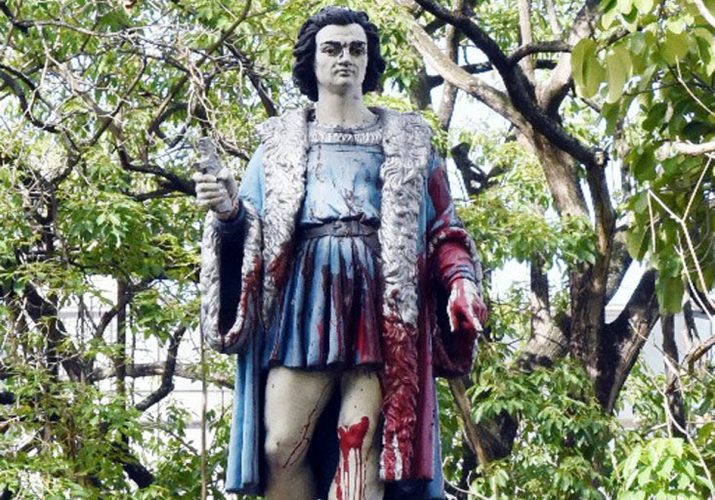 Defaced: Red paint is splattered on the statue of Christopher Columbus in Columbus Square, corner of Independence Square and Duncan Street, Port of Spain.