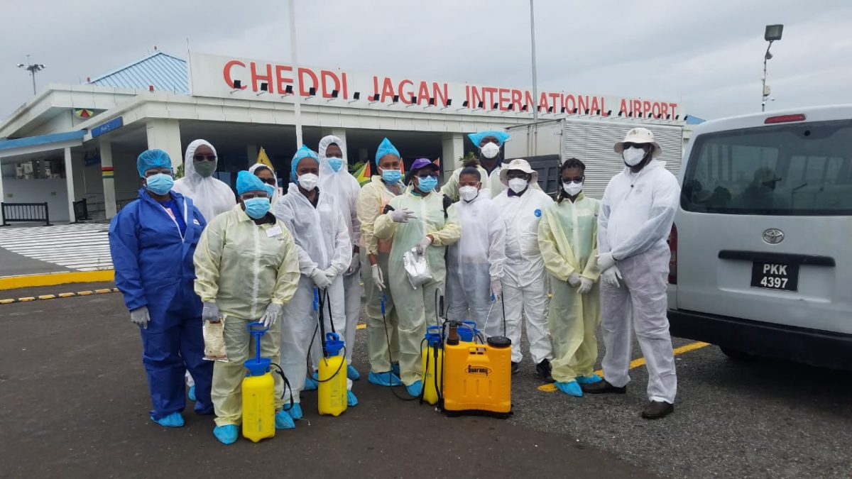 The Environmental Health, Sanitation & Vector Control Unit of the HEOC during the month of May, did a general sanitization of the Eugene F. Correia International Airport and the Cheddi Jagan International Airport.  The Ministry of Public Health (MOPH) said that the Unit saw it fit to sanitize the Ports of Entry on a weekly basis to reduce the risk of Covid-19 to accommodate special incoming and outgoing flights. The team was headed by Port Health Officer within the MOPH, Bonita Lowenfield-McDonald. (MOPH photo)