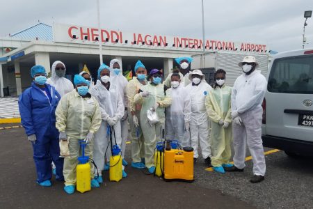 The Environmental Health, Sanitation & Vector Control Unit of the HEOC during the month of May, did a general sanitization of the Eugene F. Correia International Airport and the Cheddi Jagan International Airport.  The Ministry of Public Health (MOPH) said that the Unit saw it fit to sanitize the Ports of Entry on a weekly basis to reduce the risk of Covid-19 to accommodate special incoming and outgoing flights. The team was headed by Port Health Officer within the MOPH, Bonita Lowenfield-McDonald. (MOPH photo)